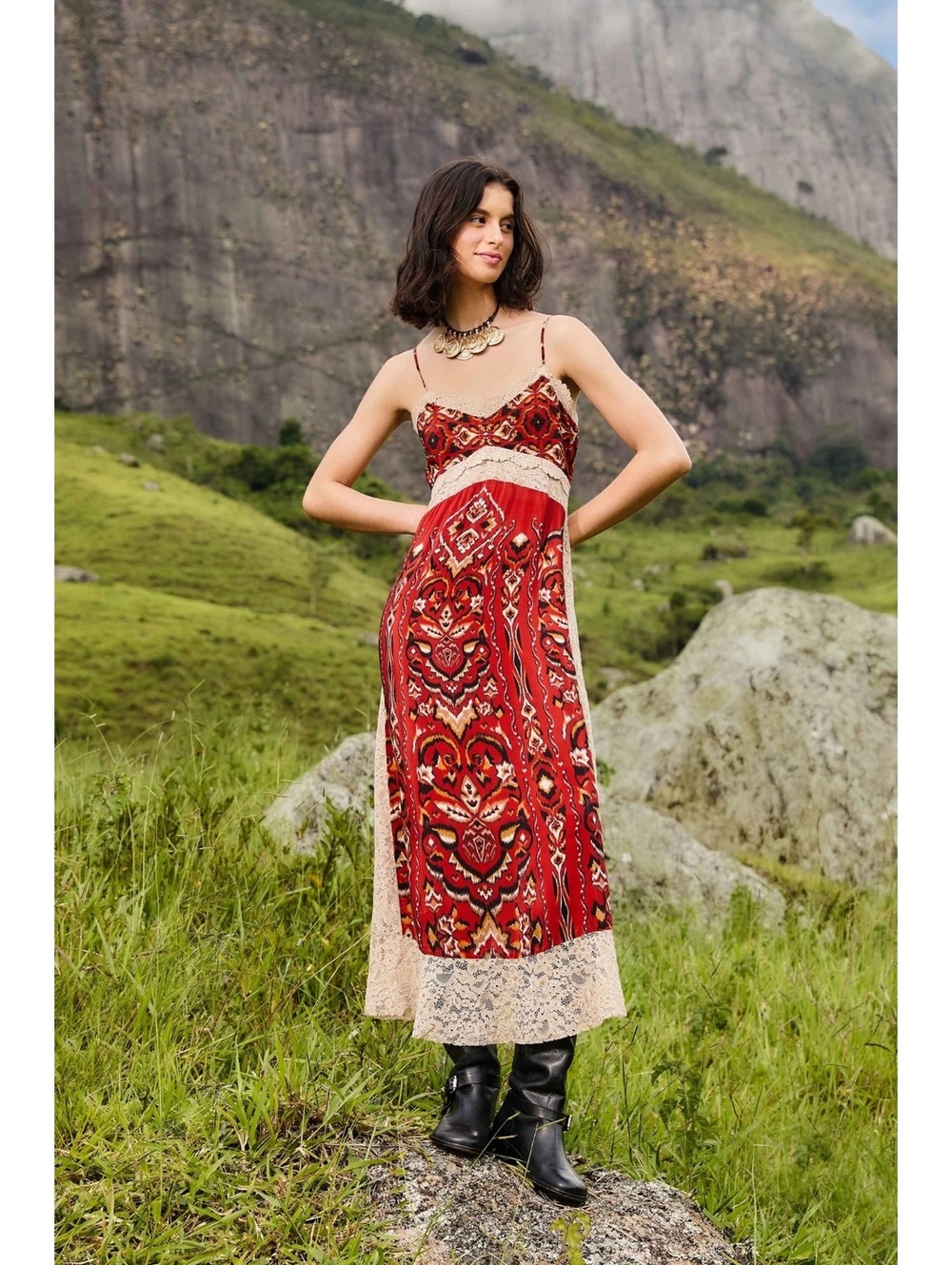 Farm Rio Sand Ainika Pineapple Ikat Midi Dress NWT Medium